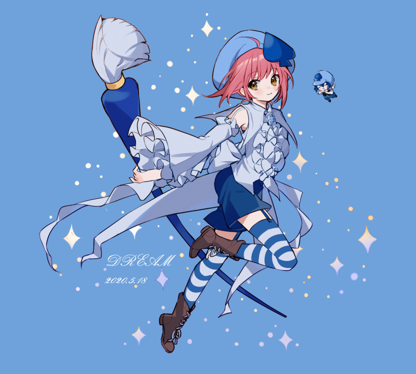 2girls amulet_spade artist_name blue_hair blue_headwear blue_shirt blue_shorts blue_thighhighs brown_footwear closed_mouth collared_shirt dated detached_sleeves dream_han full_body hair_ornament highres hinamori_amu holding holding_paintbrush blue_background long_sleeves looking_at_viewer miki_(shugo_chara!) multiple_girls orange_eyes paintbrush pink_hair shirt short_hair shorts shugo_chara! smile spade_hair_ornament striped_clothes striped_thighhighs thighhighs white_thighhighs