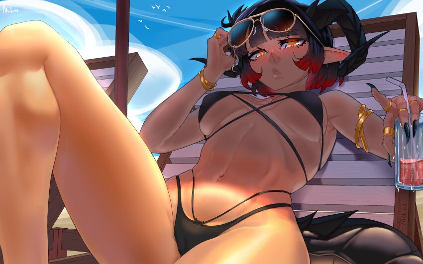 1girl absurdres armband artist_name beach_chair bikini black_hair blunt_bangs bracelet breasts commentary cup demon_girl demon_horns english_commentary highres holding holding_cup horns jewelry looking_at_viewer lying medium_breasts mokimolewds navel on_back original pointy_ears red_hair ring short_hair solo sunglasses swimsuit watermark