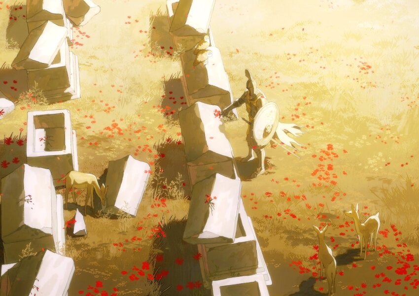 1other ambiguous_gender animal armor cape commentary deer elden_ring english_commentary flower full_armor grass grave helmet highres holding holding_flower holding_shield la_bo_chu_shi leyndell_knight pauldrons shadow shield shoulder_armor solo sword torn_cape torn_clothes weapon