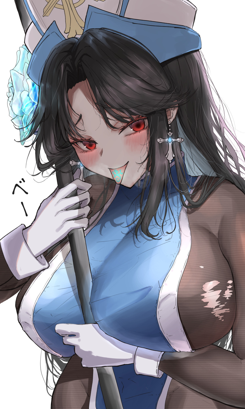 1girl absurdres black_hair blue_tabard bodystocking bodysuit breasts brown_bodysuit cross cross_earrings earrings gloves goddess_of_victory:_nikke hat highres holding holding_mace holding_weapon iwazaki jewelry long_hair looking_at_viewer mace maiden_(ice_rose)_(nikke) maiden_(nikke) official_alternate_costume red_eyes solo tabard tongue_mark tongue_tattoo torn_bodystocking torn_clothes weapon white_gloves