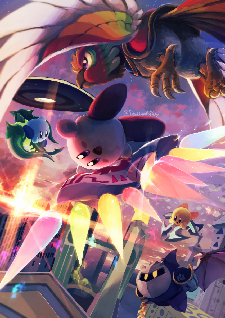absurdres bat_wings bird cityscape dragoon_(kirby) dyna_blade galaxia_(sword) highres hydra_(kirby) kirby kirby_(series) kirby_air_ride meta_knight nintendo no_humans outdoors riding sky suyasuyabi twitter_username wings