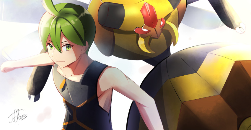 1boy aaron_(pokemon) ahoge bare_arms black_shirt blouse claws closed_mouth commentary dessymus gen_4_pokemon green_eyes green_hair hair_between_eyes highres male_focus nintendo pokemon pokemon_dppt shirt short_hair signature sleeveless sleeveless_shirt vespiquen white_background zipper_pull_tab
