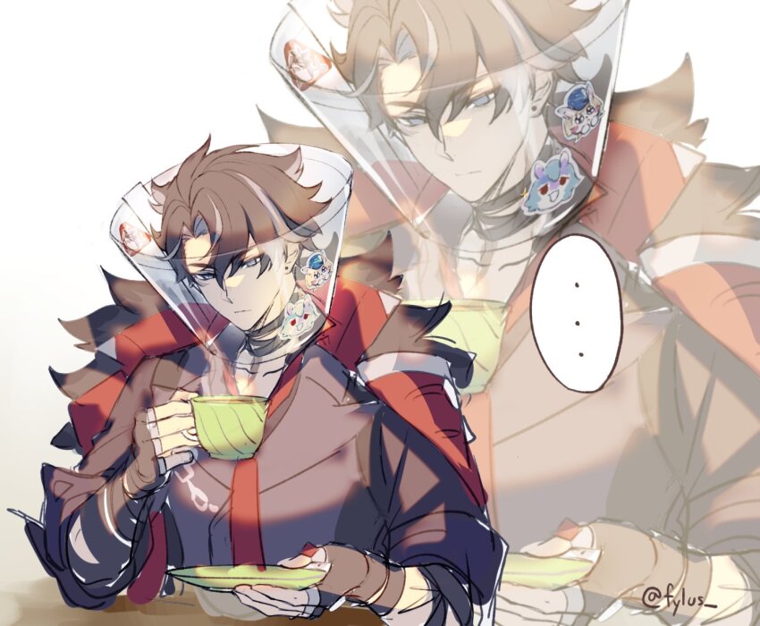 ... 1boy black_choker black_gloves black_hair choker closed_mouth coat coat_on_shoulders commentary cup english_commentary fingerless_gloves food fur-trimmed_coat fur_trim fylus genshin_impact gloves holding holding_cup holding_plate male_focus necktie pet_cone plate red_necktie short_hair simple_background sitting solo speech_bubble teacup twitter_username white_background wriothesley_(genshin_impact)