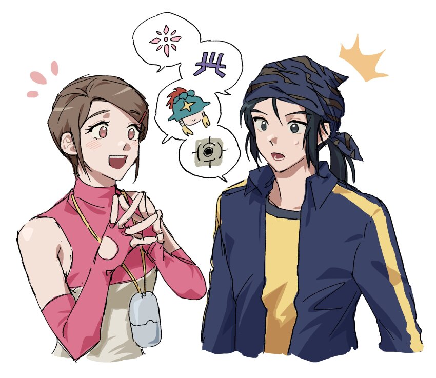 1boy 1girl absurdres bandana bare_shoulders black_eyes black_hair blue_bandana blue_jacket blush brown_eyes brown_hair digimon digimon_(creature) digimon_adventure_02 digimon_frontier fingerless_gloves gloves highres in-franchise_crossover jacket minamoto_kouji ofanimon pink_gloves pink_shirt shirt short_hair simple_background speech_bubble spoken_character trait_connection upper_body vowi6ip white_background white_shirt yagami_hikari yellow_shirt