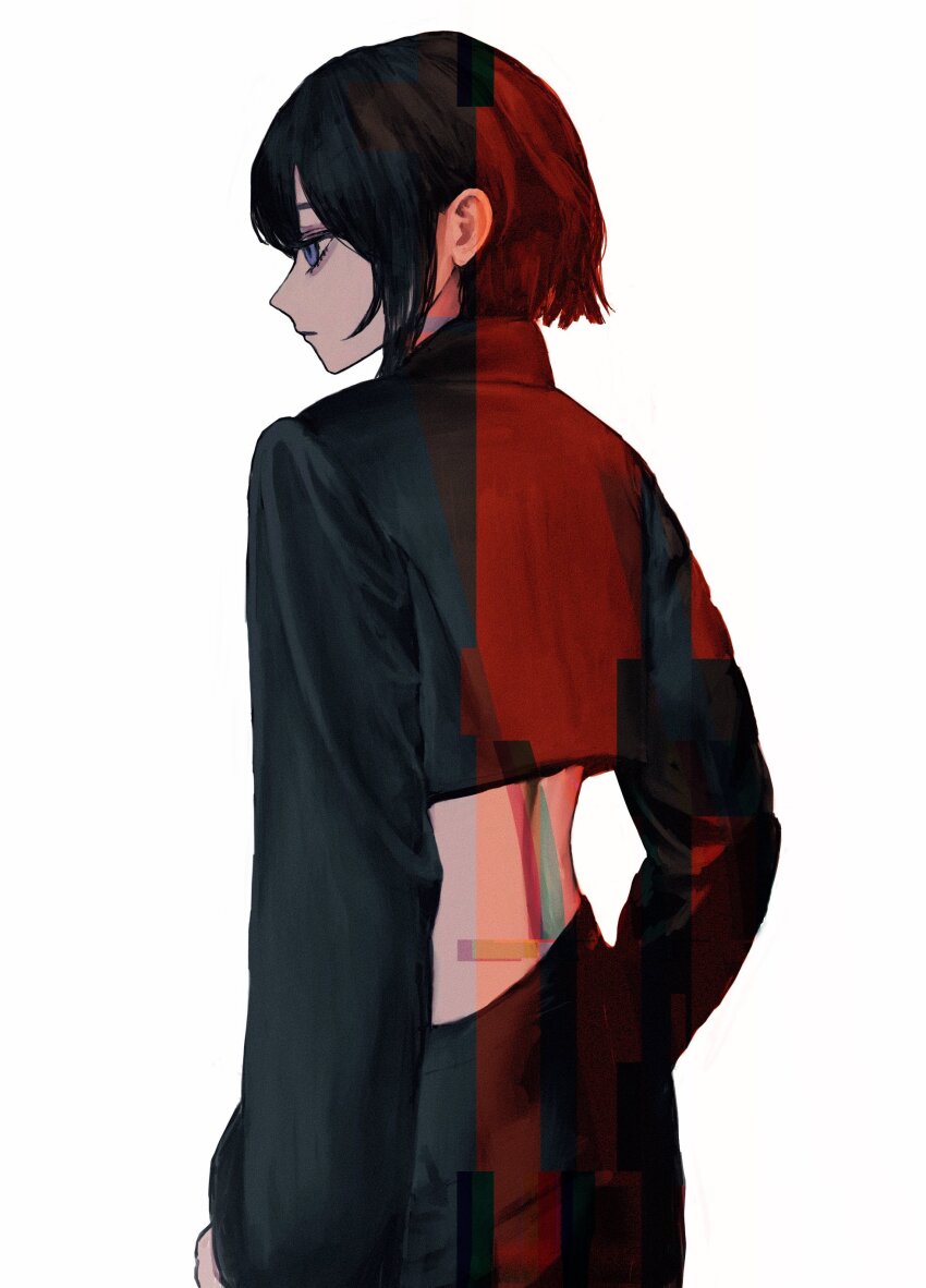 1girl absurdres black_hair black_pants black_sweater closed_mouth cowboy_shot cropped_sweater from_behind glitch hand_in_pocket hand_on_own_hip highres looking_to_the_side lui_n24 original pants purple_eyes short_hair simple_background solo standing sweater white_background