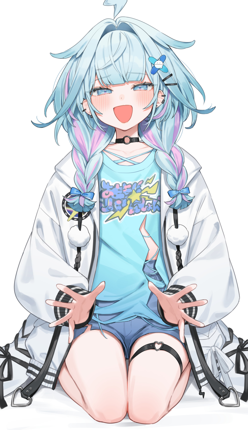 1girl :d absurdres ahoge animal_hood aotake_iro bed_sheet black_choker blue_eyes blue_hair blue_shirt blue_shorts blunt_bangs braid choker commentary_request earclip earrings hair_flaps hair_ornament hairclip heart heart_o-ring highres hololive hololive_dev_is hood hooded_jacket jacket jewelry lap_pillow_invitation lightning_ahoge long_hair looking_at_viewer low_twin_braids mizumiya_su multicolored_hair o-ring o-ring_choker o-ring_thigh_strap open_mouth pink_hair rabbit_hood seiza shirt short_shorts shorts simple_background sitting smile solo spiked_ear_piercing streaked_hair thigh_strap torn_clothes torn_shirt twin_braids virtual_youtuber white_background white_jacket