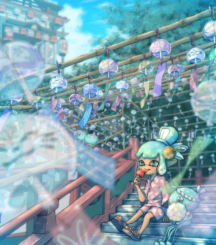 1girl absurdres aqua_eyes aqua_hair architecture bamboo blue_sky blunt_bangs blurry blurry_background blurry_foreground blush building candy_apple cloud commentary_request cotton_candy dark-skinned_female dark_skin day depth_of_field east_asian_architecture floral_print food hachimaki hair_bun hair_ornament hand_up headband highres holding holding_cotton_candy holding_food inkling inkling_girl inkling_player_character japanese_clothes jellyfish_(splatoon) kimono lantern moromi_(kscd4482) nejiri_hachimaki nintendo open_mouth outdoors paper_lantern pink_kimono pink_shorts pointy_ears railing sandals scenery shirt short_eyebrows short_kimono short_shorts short_sleeves shorts sidelocks sitting sitting_on_stairs sky smile splatoon_(series) stairs t-shirt tentacle_hair toes tongue tongue_out tree white_shirt wide_sleeves wind_chime wind_chime_focus