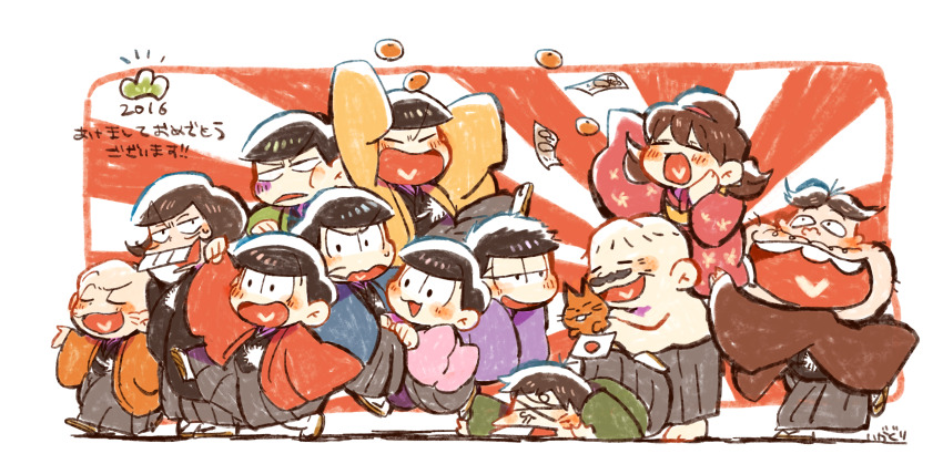 1girl 2016 6+boys absurdres alternate_costume animal antenna_hair arm_up bald barefoot black_jacket black_kimono blue_jacket blunt_bangs blush_stickers border brothers brown_footwear brown_hair brown_jacket buck_teeth cat chibita clenched_hand closed_eyes dayoon dekapan dot_nose esper_nyanko facial_hair floating_hair floral_print food fruit green_jacket grey_hakama hairband hakama hakama_pants hand_on_own_cheek hand_on_own_face haori happy hatabou heart heart_in_mouth highres holding holding_animal holding_cat iyami jacket japanese_clothes kimono kuri_(shibimame) leg_up long_sleeves low_twintails matsuno_choromatsu matsuno_ichimatsu matsuno_jyushimatsu matsuno_karamatsu matsuno_osomatsu matsuno_todomatsu medium_hair messy_hair mismatched_eyebrows multiple_boys mustache new_year no_pupils obi open_mouth orange_jacket osomatsu-san osomatsu_(series) outside_border outstretched_hand pants paper persimmon pink_hairband pink_jacket pink_kimono pom_pom_(clothes) purple_jacket red_background red_jacket sandals sash sextuplets shadow short_hair short_kimono short_twintails siblings signature smile socks sweatdrop teeth thick_eyebrows topless_male twintails two-tone_background upper_teeth_only very_short_hair walking wavy_mouth whiskers white_background white_border white_socks wide_sleeves x_x yellow_jacket yellow_sash yowai_totoko yukata