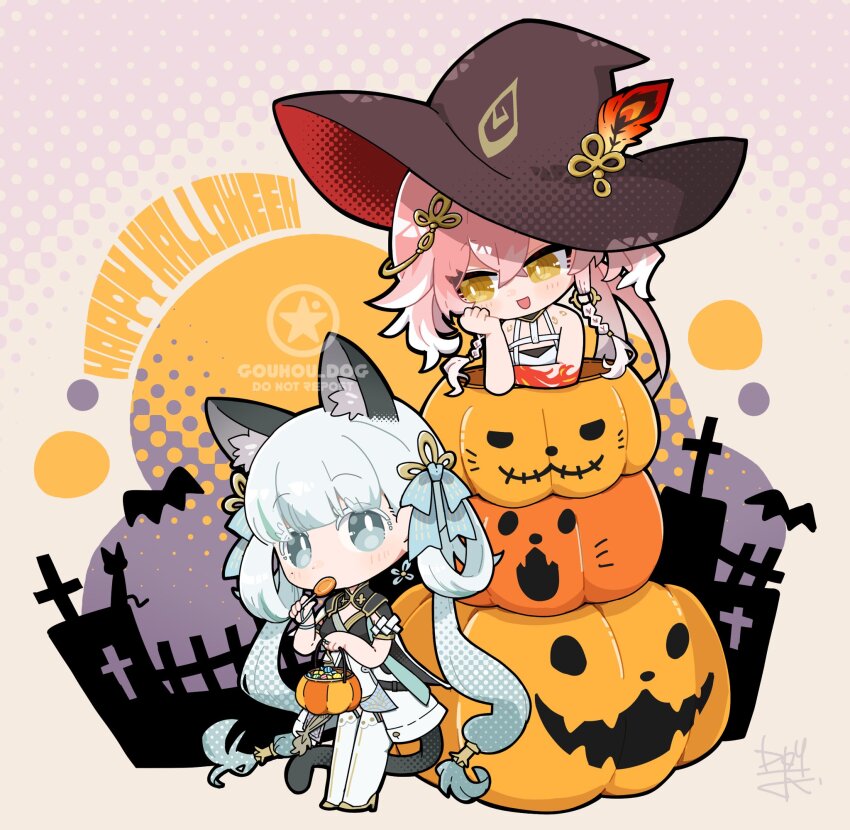 2girls animal_ears artist_logo bare_shoulders black_collar black_dress black_hat body_markings bright_pupils candy changli_(wuthering_waves) chibi chibi_only coat collar colored_extremities colored_eyelashes commentary dog-san dress earrings eating english_commentary food hair_between_eyes hair_extensions halloween_bucket hat hat_feather highres holding holding_candy holding_food holding_lollipop jewelry jinhsi_(wuthering_waves) kemonomimi_mode logo lollipop long_hair looking_at_another looking_at_viewer low_twintails multicolored_hair multiple_girls night open_mouth pink_hair pumpkin red_hands ring_hair_extensions smile twintails two-tone_hair two_side_up very_long_hair white_coat white_eyelashes white_eyes white_hair white_pupils witch_hat wuthering_waves yellow_eyes