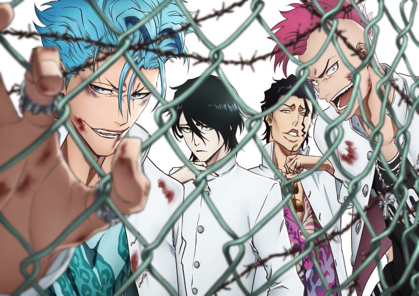 4boys alternate_costume artist_request askin_nakk_le_vaar bazz-b black_hair black_nails black_shirt bleach bleach:_sennen_kessen-hen blood blood_on_face blue_eyes blue_hair blue_shirt blurry closed_mouth commentary_request crazy_smile cross cross_necklace depth_of_field ear_piercing expressionless fence green_eyes grimmjow_jaegerjaquez hair_between_eyes hair_over_one_eye hair_slicked_back hand_up hawaiian_shirt highres holding holding_removed_eyewear jacket jewelry key_visual lips long_sleeves looking_at_viewer mohawk multiple_boys necklace nose official_art open_clothes open_jacket open_mouth parted_lips piercing pink_shirt promotional_art ring shirt short_eyebrows short_hair simple_background smile sunglasses teeth tsurime turtleneck ulquiorra_cifer unworn_eyewear upper_body v-shaped_eyebrows white_background white_jacket wide-eyed