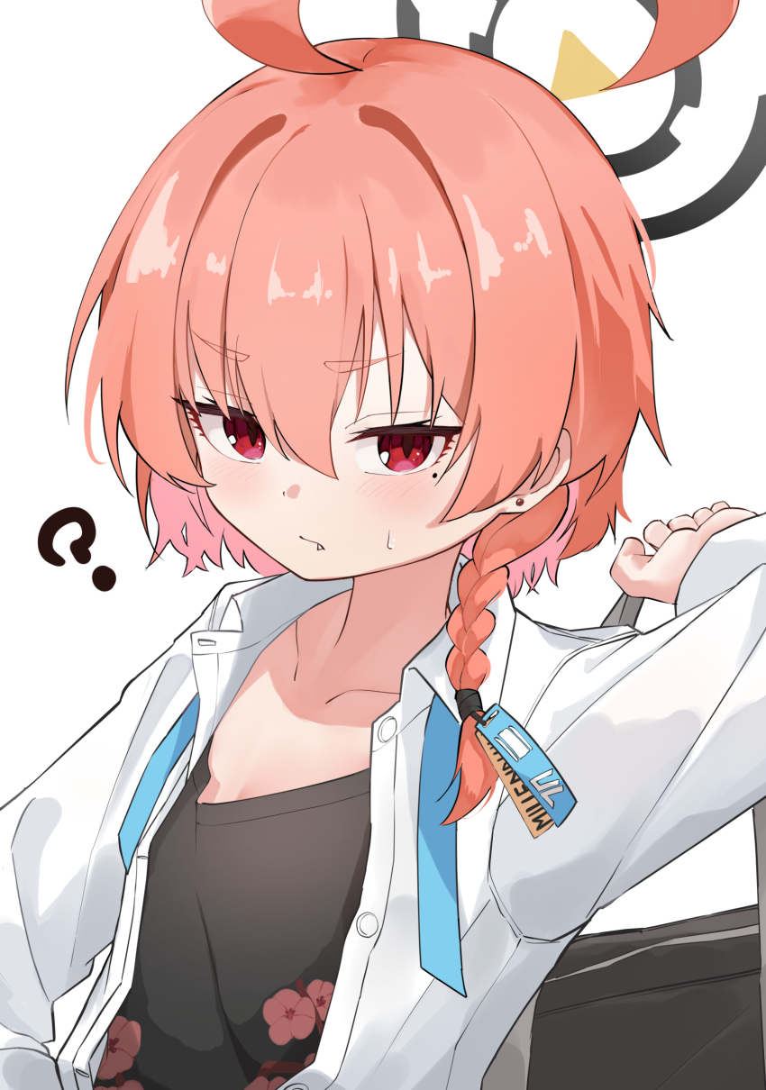 1girl :/ ? absurdres ahoge bag black_halo black_shirt blue_archive blue_necktie blush braid closed_mouth collarbone collared_shirt commentary_request earrings eyelashes fang flat_chest frown hair_between_eyes halo hand_up highres holding holding_bag huge_ahoge id_card jewelry looking_at_viewer mole mole_under_eye necktie neru_(blue_archive) neru_(school_uniform)_(blue_archive) official_alternate_costume orange_hair osmium-76 red_eyes school_uniform shirt short_hair simple_background single_braid slit_pupils solo stud_earrings thick_eyebrows tsurime upper_body v-shaped_eyebrows white_background white_shirt