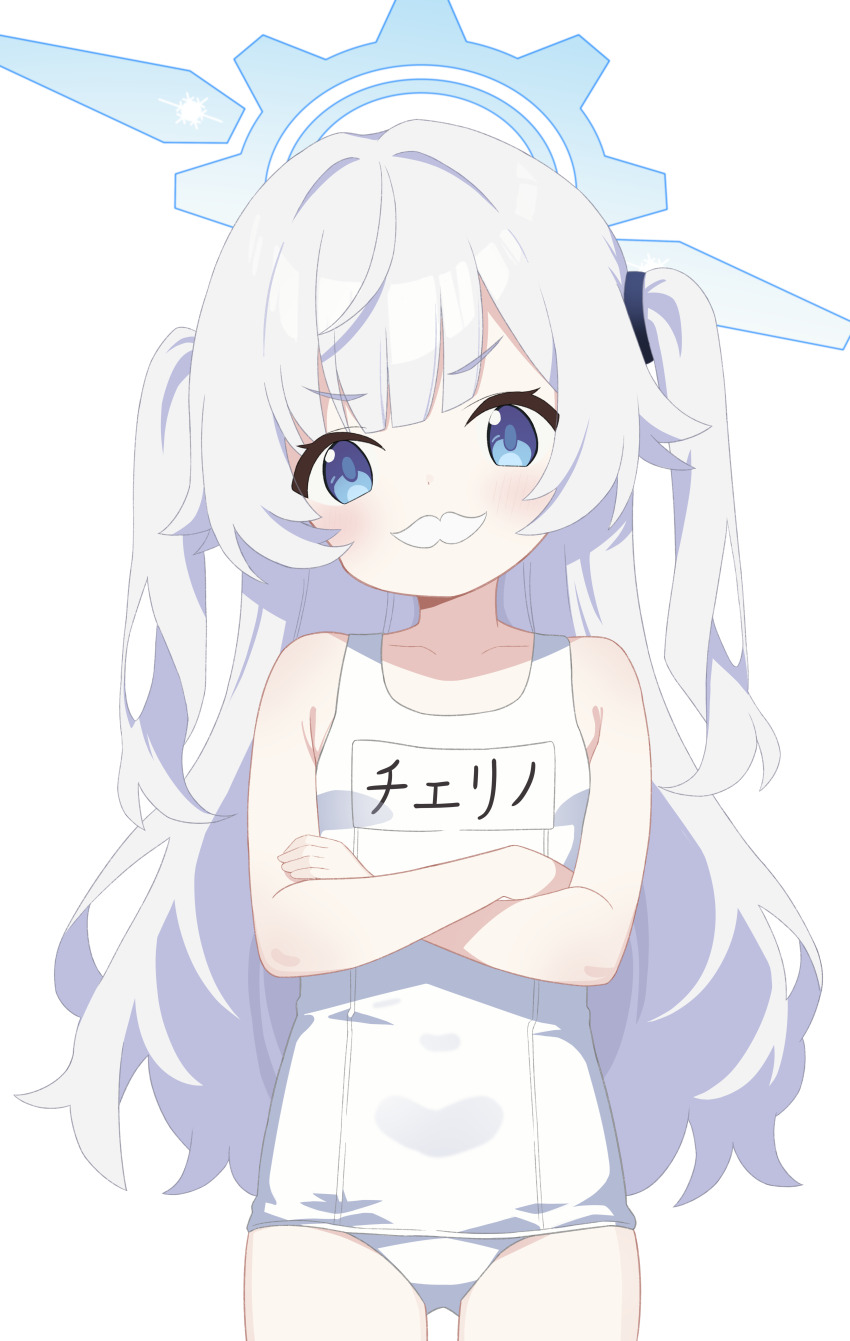 1girl absurdres aqua_halo bare_arms bare_shoulders blue_archive blue_eyes blush c-r-carlos character_name check_commentary cherino_(blue_archive) chinese_commentary collarbone commentary_request cowboy_shot crossed_arms dot_nose fake_facial_hair fake_mustache gear_halo halo head_tilt highres long_hair looking_at_viewer name_tag official_alternate_costume old_school_swimsuit one-piece_swimsuit school_swimsuit simple_background solo straight-on swimsuit two_side_up v-shaped_eyebrows white_background white_hair white_one-piece_swimsuit