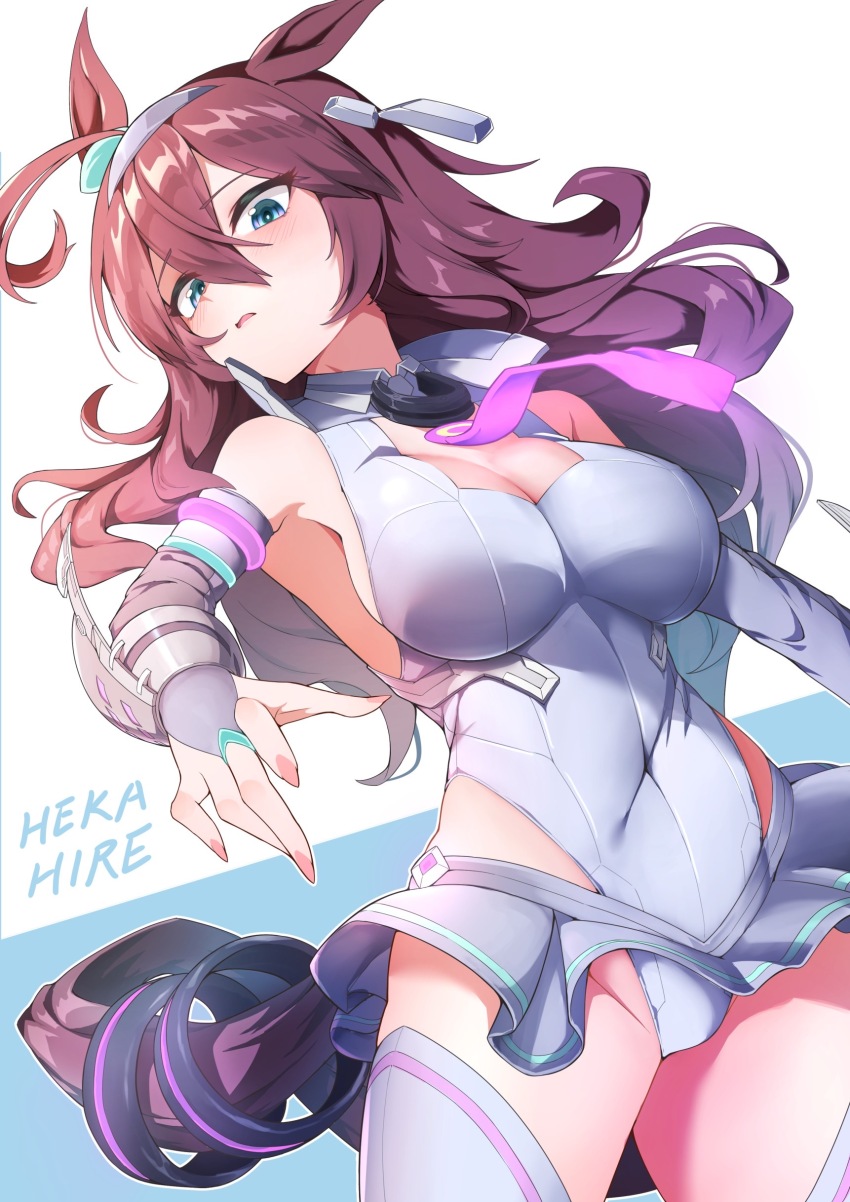 1girl absurdres animal_ears blue_eyes bodysuit breasts covered_navel cowboy_shot ear_ornament hair_between_eyes hekahire_isurus highres horse_ears horse_girl horse_tail large_breasts mihono_bourbon_(umamusume) necktie pink_necktie rigging silver_hairband solo tail thighhighs umamusume white_bodysuit white_thighhighs