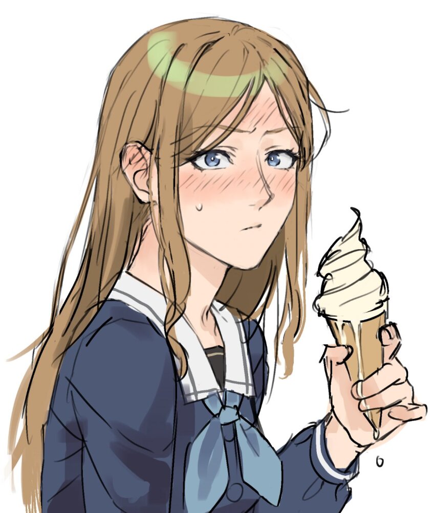 1girl bang_dream! bang_dream!_it&#039;s_mygo!!!!! blue_eyes blue_neckerchief blue_shirt blush brown_hair commentary_request ear_blush food forehead_blush highres holding holding_ice_cream_cone ice_cream ice_cream_cone implied_yuri korean_commentary long_hair nagasaki_soyo neckerchief nohee07 sailor_collar school_uniform shirt simple_background solo tsukinomori_school_uniform white_background white_sailor_collar