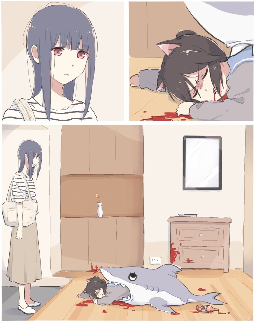 2girls animal_ears bag chibi closed_eyes commentary_request fake_blood flower handbag hibike!_euphonium highres kasaki_nozomi kemonomimi_mode ketchup liz_to_aoi_tori lyy multiple_girls shark shirt striped_clothes striped_shirt stuffed_animal stuffed_shark stuffed_toy vase yoroizuka_mizore