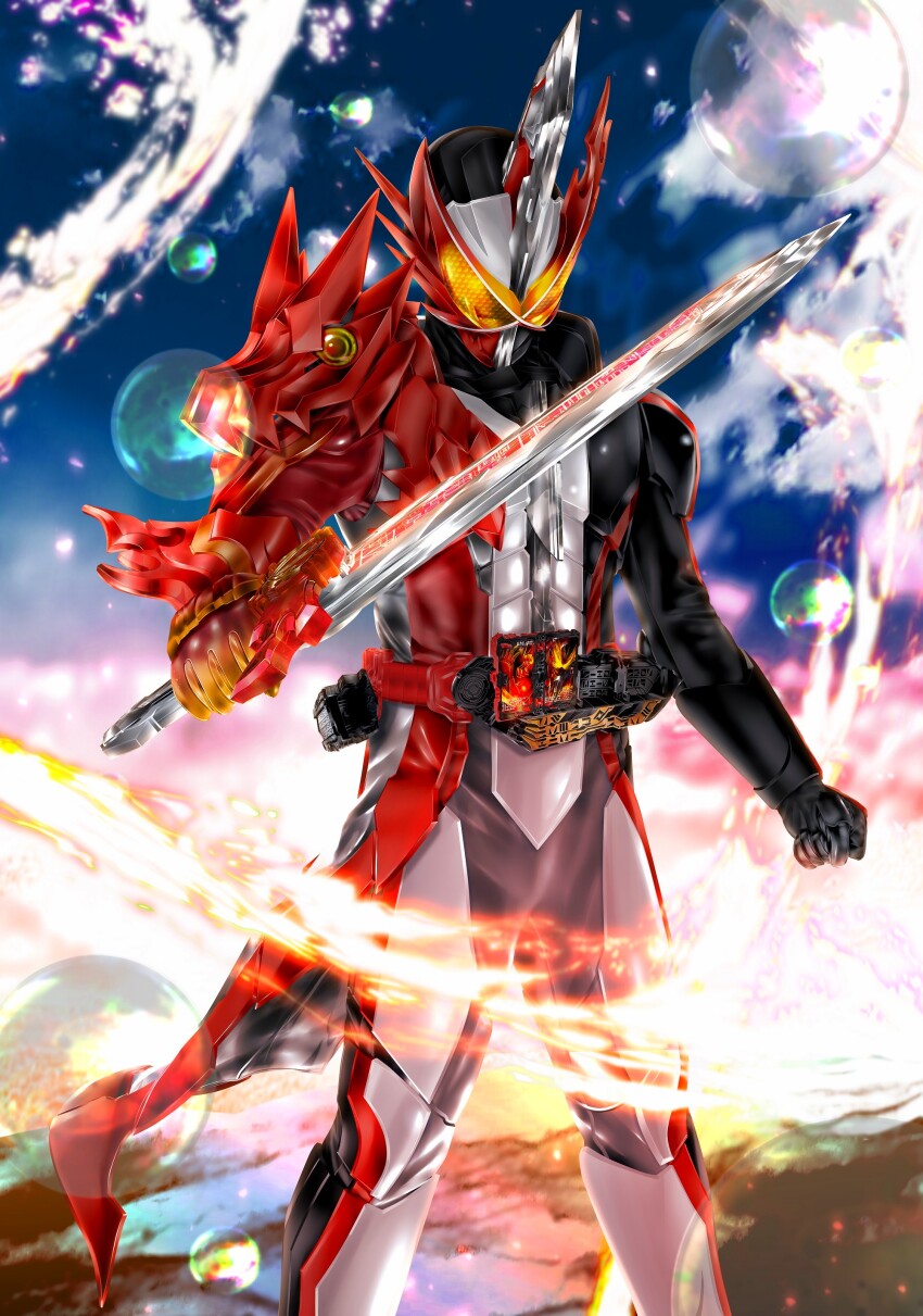 1boy absurdres armor asymmetrical_armor black_armor brave_dragon bubble cowboy_shot rider_belt fire gloves helmet highres holding holding_sword holding_weapon horns kaenken_rekka kamen_rider kamen_rider_saber kamen_rider_saber_(series) knight kuzurx male_focus red_armor rider_belt solo sword tokusatsu visor_(armor) weapon wonder_ride_book