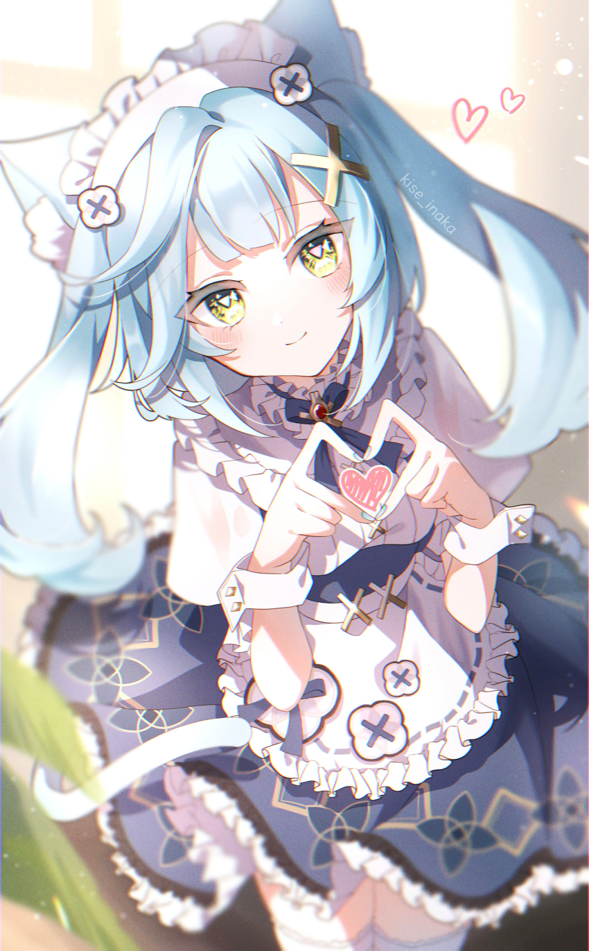 1girl four-finger_heart_hands absurdres animal_ear_fluff animal_ears apron aqua_hair aqua_nails artist_name blue_dress blush cat_ears cat_girl cat_tail commentary_request dress faruzan_(genshin_cafe_in_seoul)_(genshin_impact) faruzan_(genshin_impact) genshin_impact hair_ornament hands_up heart heart_hands highres kise_inaka leaf long_hair looking_at_viewer maid_apron maid_headdress nail_polish official_alternate_costume puffy_short_sleeves puffy_sleeves short_sleeves smile solo symbol-shaped_pupils tail triangle-shaped_pupils twintails white_apron white_wrist_cuffs wrist_cuffs x_hair_ornament yellow_eyes