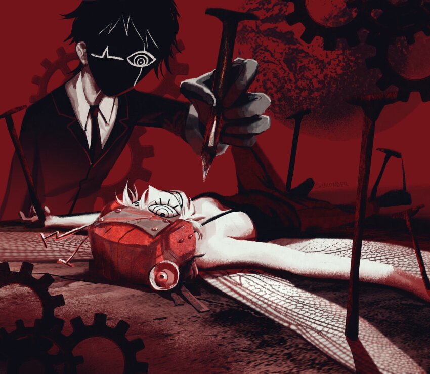 1boy 1girl artist_name black_hair black_necktie black_pants black_shirt character_request chukonder collared_shirt commentary crop_top english_commentary formal_clothes gears helmet highres insect_wings jacket mask nail_(hardware) necktie pants psychopomp_(game) red_theme shirt short_hair suit suit_jacket taxidermy white_hair white_shirt wings