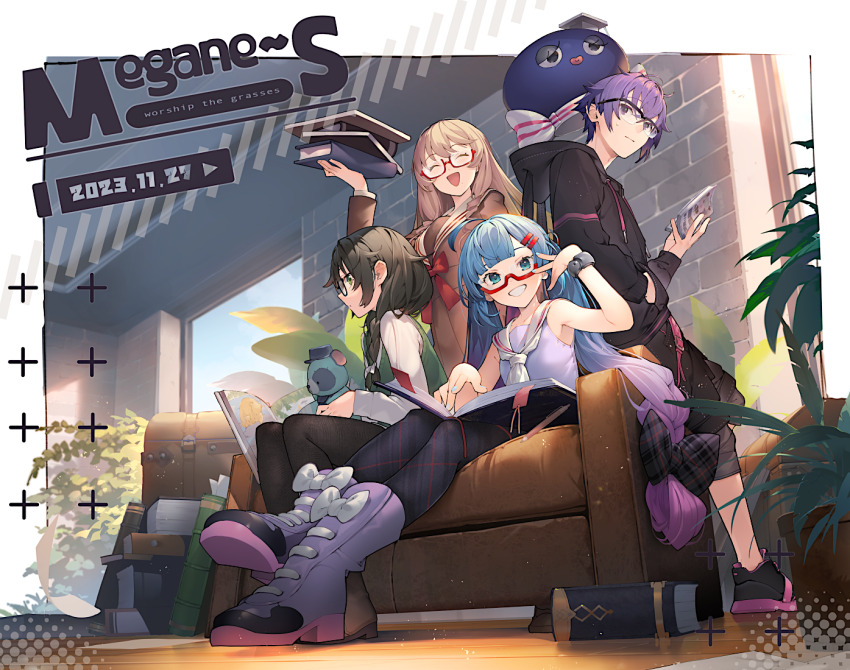 1boy 3girls ^_^ ahoge animal_hood argyle_bow argyle_clothes argyle_pantyhose black_hair black_hoodie black_pants black_pantyhose blonde_hair blue_hair blunt_bangs book book_stack boots border bow bowtie braid brick_wall brown_serafuku cevio closed_eyes commentary_request couch dated english_text engrish_text facing_viewer foreshortening glasses gradient_hair green_eyes green_sweater_vest grin hair_bow hair_ornament hair_over_shoulder hairclip hanakuma_chifuyu haruno_sora high_heel_boots high_heels holding holding_book hood hood_down hoodie indoors larkpatch leaning_on_object long_hair long_sleeves looking_at_viewer looking_to_the_side low_twin_braids low_twintails multicolored_hair multiple_girls neckerchief on_couch open_book otomachi_una otomachi_una_(talkex) outside_border outstretched_legs pants pantyhose pile plant potted_plant purple_eyes purple_footwear purple_hair purple_shirt rabbit_hood ranguage red_bow red_bowtie romaji_text school_uniform semi-rimless_eyewear serafuku shirinda_fureiru shirt short_hair sitting sleeveless sleeveless_shirt smile standing stuffed_animal stuffed_toy sweatdrop sweater_vest synthesizer_v talkex teddy_bear trait_connection twin_braids twintails very_long_hair vocaloid voicepeak voiceroid white_border white_neckerchief white_shirt wristband yuzuki_yukari&#039;s_younger_twin_brother