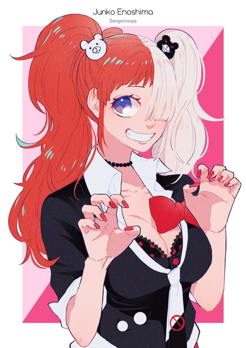 1girl black_shirt border choker commentary_request cosplay danganronpa_(series) enoshima_junko enoshima_junko_(cosplay) hair_ornament hair_over_one_eye heart_blody highres looking_to_the_side multicolored_hair one_piece pink_background purple_eyes red_nails shirt sidelocks smile solo twintails two-tone_hair upper_body uta_(one_piece) white_border