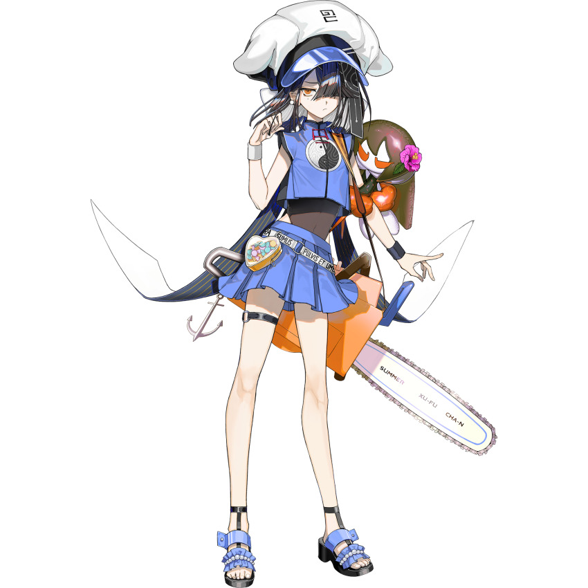 1girl anchor belt black_hair breasts brown_eyes chainsaw character_doll covered_navel doll earrings endo_(takolegs) fate/grand_order fate_(series) full_body game_cg hair_over_one_eye hat highres jewelry looking_at_viewer miniskirt mole mole_under_eye o-ring o-ring_thigh_strap official_art pouch sandals see-through_clothes see-through_shirt shirt short_hair skirt small_breasts solo standing tachi-e thigh_strap transparent_background unhappy xu_fu_(fate) xu_fu_(swimsuit_avenger)_(first_ascension)_(fate) yin_yang yu_mei-ren_(fate)