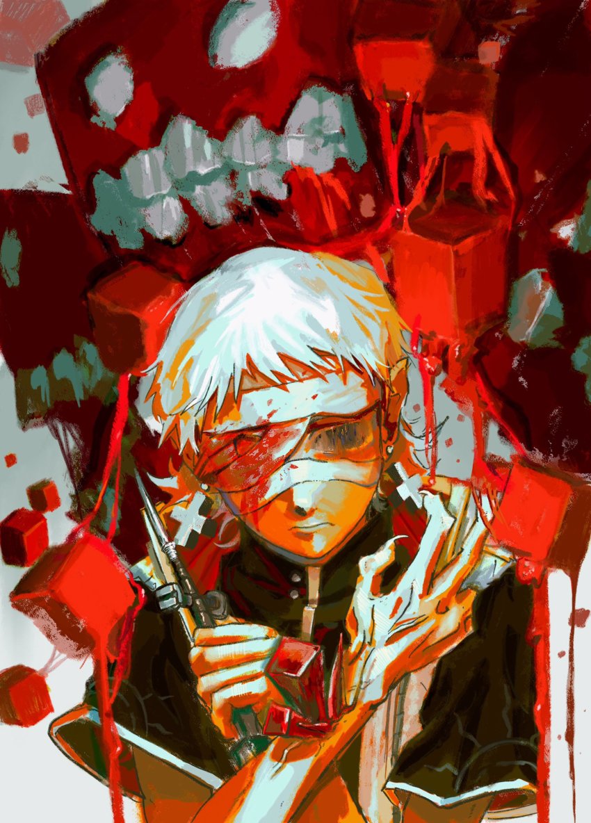 1boy alchemy_stars bandages blood blood_on_face character_request check_character earrings fingernails hands_up highres ineuoy jewelry nails_(alchemy_stars) one_eye_closed shadow sharp_fingernails solo white_hair