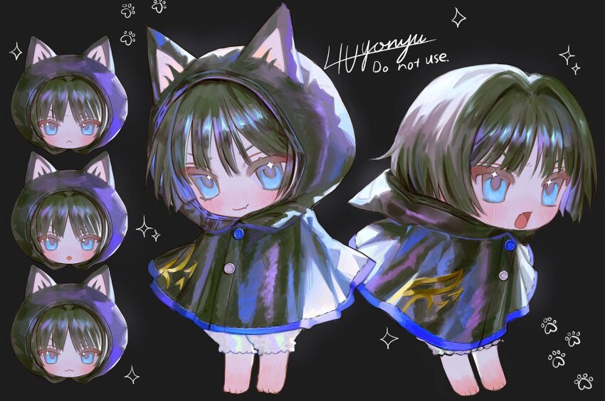 1boy 4the2ofus :&lt; :3 animal_ear_hood barefoot black_background black_cloak black_hair black_hood bloomers blue_eyes blunt_ends blush cloak closed_mouth fake_animal_ears fang furrowed_brow genshin_impact hair_intakes highres hood hood_down hood_up hooded_cloak looking_at_viewer looking_to_the_side male_focus multiple_expressions multiple_views open_mouth parted_bangs paw_print reference_sheet scaramouche_(genshin_impact) signature skin_fang smile solo standing star_(symbol) star_print toes tongue tongue_out underwear v-shaped_eyebrows wanderer_(genshin_impact) white_bloomers wispy_bangs