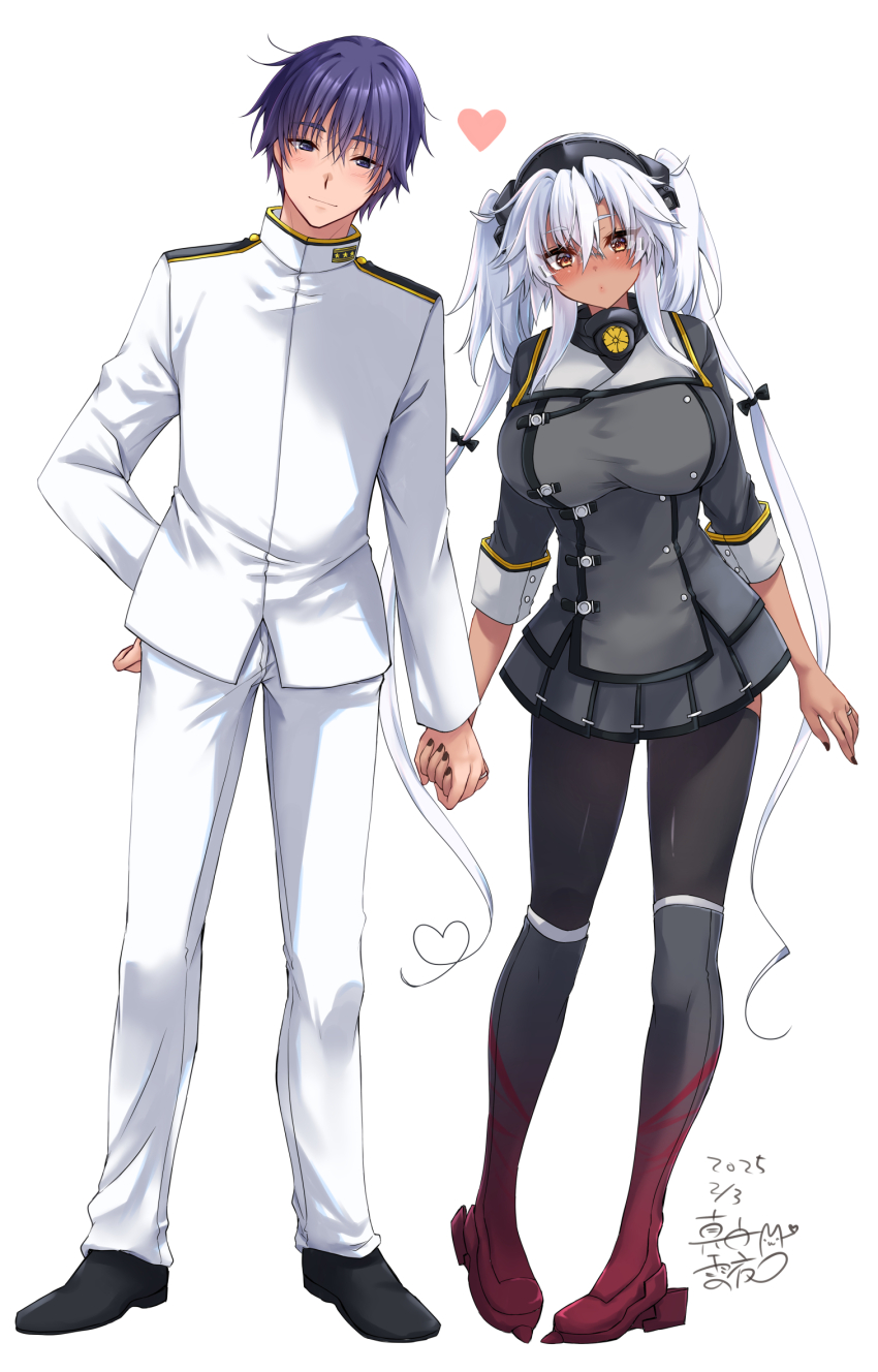 1boy 1girl admiral_(kancolle) alternate_costume black_boots black_hair black_thighhighs blush boots breasts brown_eyes dark-skinned_female dark_skin dated full_body glasses grey-framed_eyewear grey_hair hair_between_eyes hair_ornament highres jacket kantai_collection large_breasts long_hair long_sleeves looking_at_viewer mashiro_yukiya military military_uniform musashi_(kancolle) musashi_kai_ni_(kancolle) naval_uniform pants rectangular_eyewear red_eyes semi-rimless_eyewear smile solo thighhighs twintails very_long_hair white_background white_hair