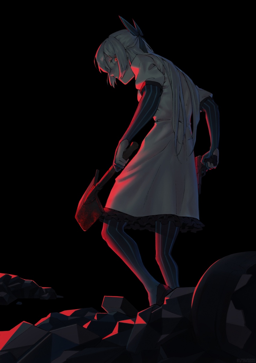 1girl absurdres black_background blood_on_shovel bow closed_mouth commentary_request dress elbow_gloves emile_aoi fingerless_gloves full_body girls&#039;_frontline gloves gun hair_bow handgun highres holding holding_gun holding_shovel holding_weapon long_hair looking_at_viewer looking_to_the_side pantyhose red_eyes russian_commentary serious shoes shovel sidelocks simple_background solo standing striped_clothes striped_gloves striped_pantyhose tokarev_(girls&#039;_frontline) tokarev_tt-33 vertical-striped_clothes vertical-striped_gloves vertical-striped_pantyhose weapon white_dress white_hair