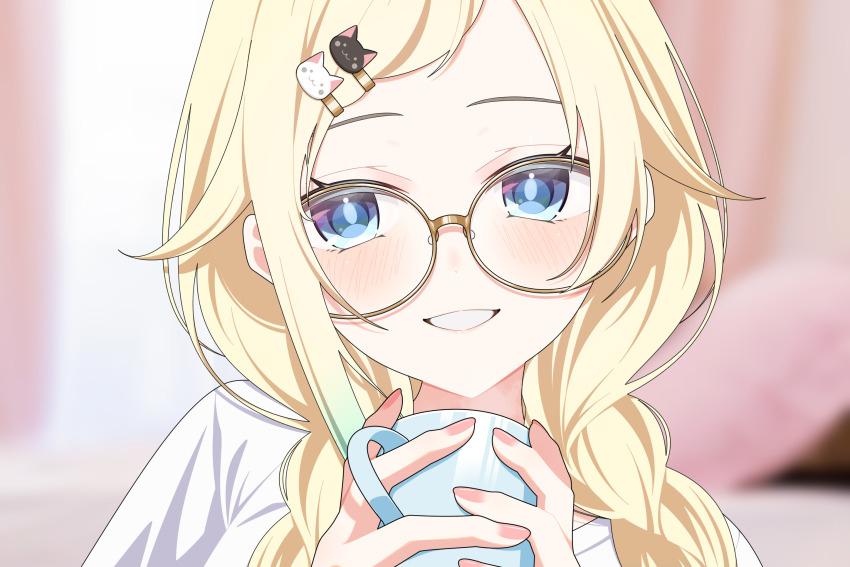 1girl aizawa_ema aizawa_ema_(4th_costume) alternate_costume bespectacled blonde_hair blue_eyes blurry blurry_background blush braid cat_hair_ornament commentary_request cup glasses grin hair_flaps hair_ornament hairclip hands_up highres holding holding_cup long_hair looking_at_viewer omas_lie portrait round_eyewear smile solo twin_braids virtual_youtuber vspo! yellow-framed_eyewear
