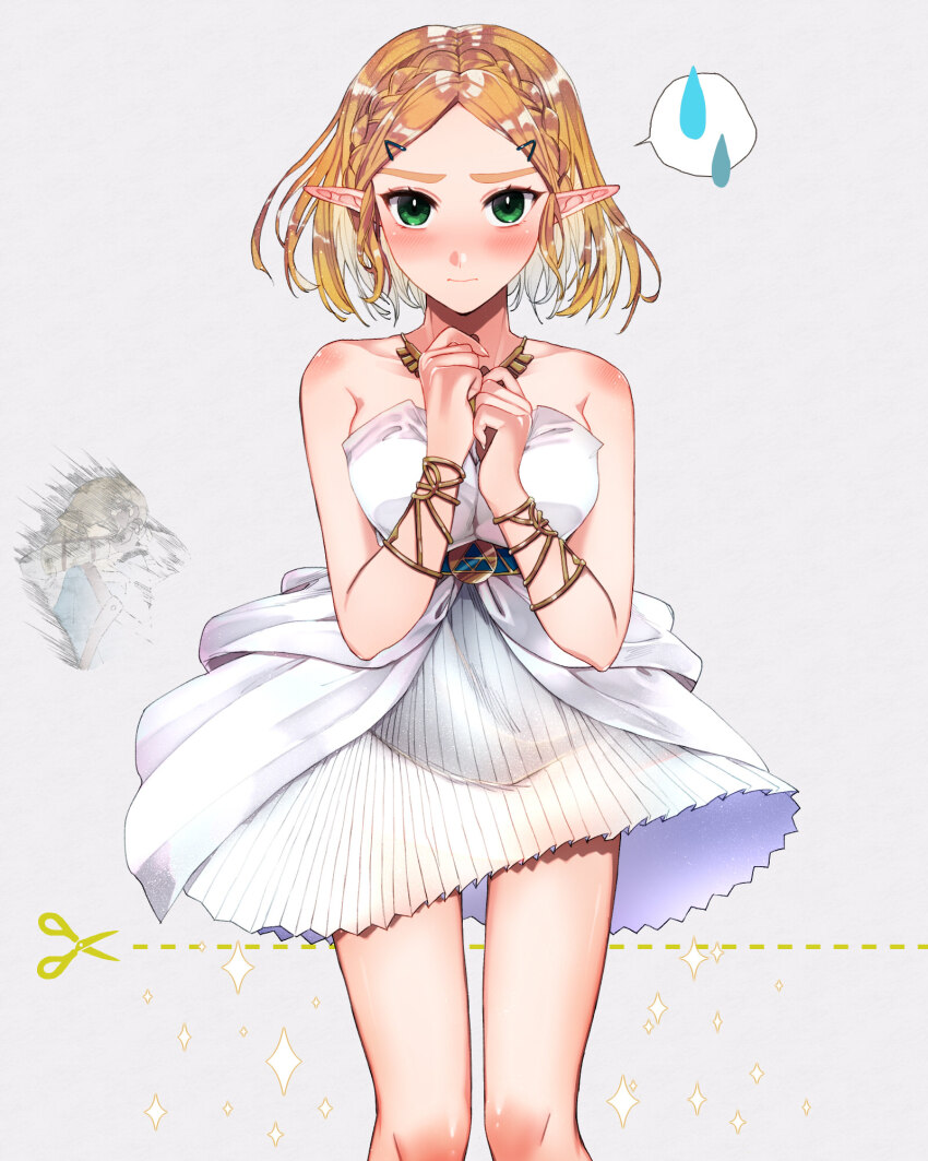 1boy 1girl ao_haruki bare_shoulders blonde_hair blush bracelet breasts closed_mouth collarbone commentary_request cowboy_shot dress green_eyes grey_background highres jewelry link medium_breasts necklace nintendo own_hands_together pleated_skirt pointy_ears princess_zelda short_dress short_hair simple_background skirt solo_focus sparkle spoken_sweatdrop strapless strapless_dress sweatdrop the_legend_of_zelda the_legend_of_zelda:_tears_of_the_kingdom white_dress