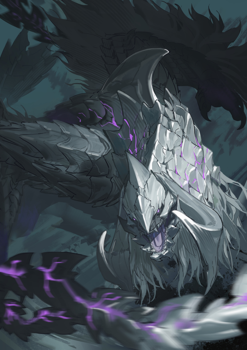 absurdres arkveld chin_spike clawed_hands claws grey_hair grey_scales highres horns large_horns monster monster_focus monster_hunter_(series) monster_hunter_wilds neck_fur open_mouth roja_(rex126) scales sharp_teeth spiked_arm spiked_wings teeth white_fur