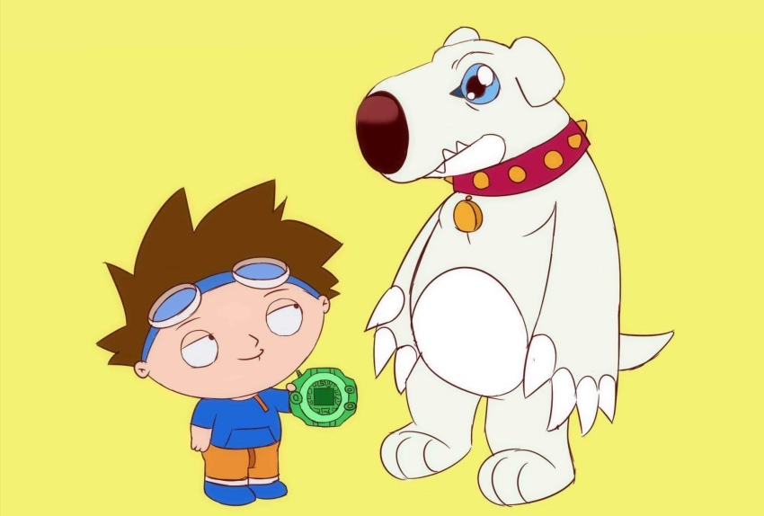 artist_request bow brian_griffin cosplay digimon digimon_(creature) digimon_adventure digivice family_guy goggles highres holding looking_at_another parody smile source_request stewie_griffin style_parody yagami_taichi yagami_taichi_(cosplay) yellow_bow