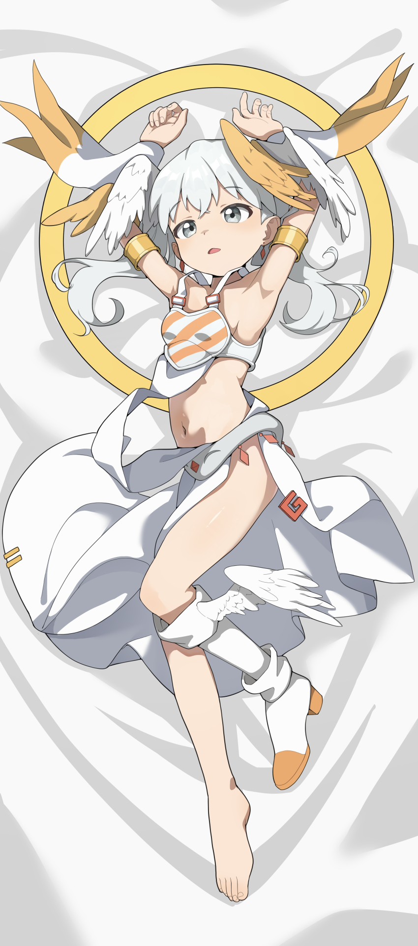 1girl absurdres armpits arms_up barefoot breasts high_heels highres looking_at_viewer navel onion_(tamanegi) open_mouth shoes single_shoe skirt small_breasts solo strapless tama_(wixoss) tube_top white_eyes white_hair white_shoes white_skirt white_tube_top wixoss