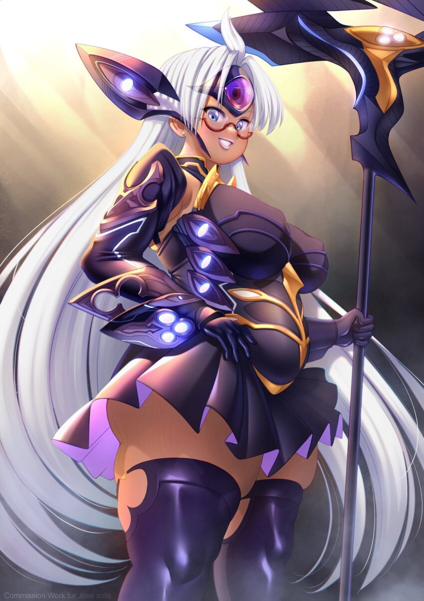 1girl blue_eyes breasts clenched_teeth cloudxmoe commentary commissioner_name covered_erect_nipples cowboy_shot dark_skin dress earrings elbow_gloves english_commentary glasses gloves highres holding holding_weapon jewelry large_breasts long_hair looking_at_viewer open_mouth pleated_dress plump polearm purple_gloves purple_thighhighs red-framed_eyewear semi-rimless_eyewear sleeveless sleeveless_dress solo stud_earrings t-elos t-elos_re: teeth thick_thighs thighhighs thighs under-rim_eyewear weapon white_hair xenoblade_chronicles_(series) xenoblade_chronicles_2
