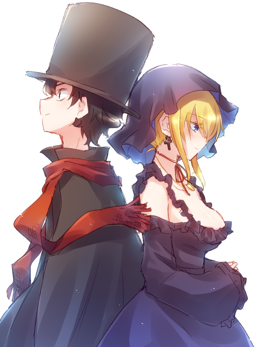 1boy 1girl absurdres alice_lendrott back-to-back black_coat black_dress black_hair black_hat black_veil blonde_hair blue_eyes bocchan_(shinigami_bocchan_to_kuro_maid) choker coat commentary cowboy_shot cross cross_earrings dress earrings from_side hat highres jewelry locket long_sleeves nyaa_(nnekoron) pendant red_ribbon red_scarf ribbon ribbon_choker scarf shinigami_bocchan_to_kuro_maid simple_background standing top_hat veil white_background