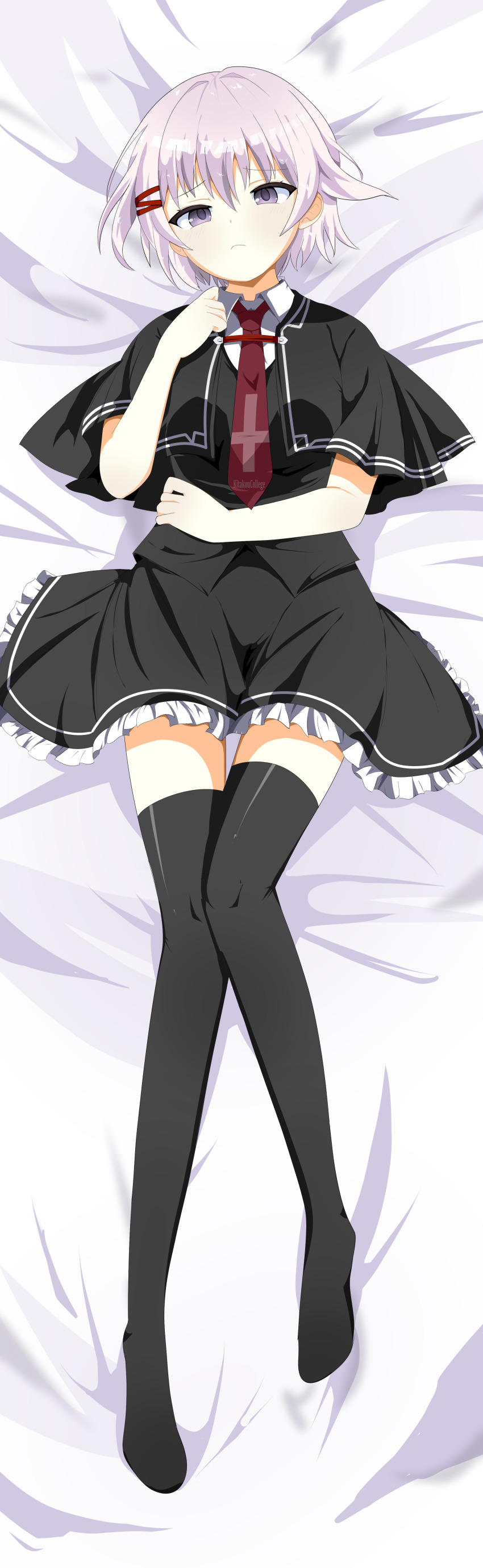1girl absurdres black_skirt black_thighhighs dakimakura_(medium) hair_ornament hairclip highres looking_at_viewer necktie otonashi_ayana purple_eyes purple_hair red_necktie school_uniform short_hair skirt thighhighs tsui_no_sora tsui_no_sora_(remake)