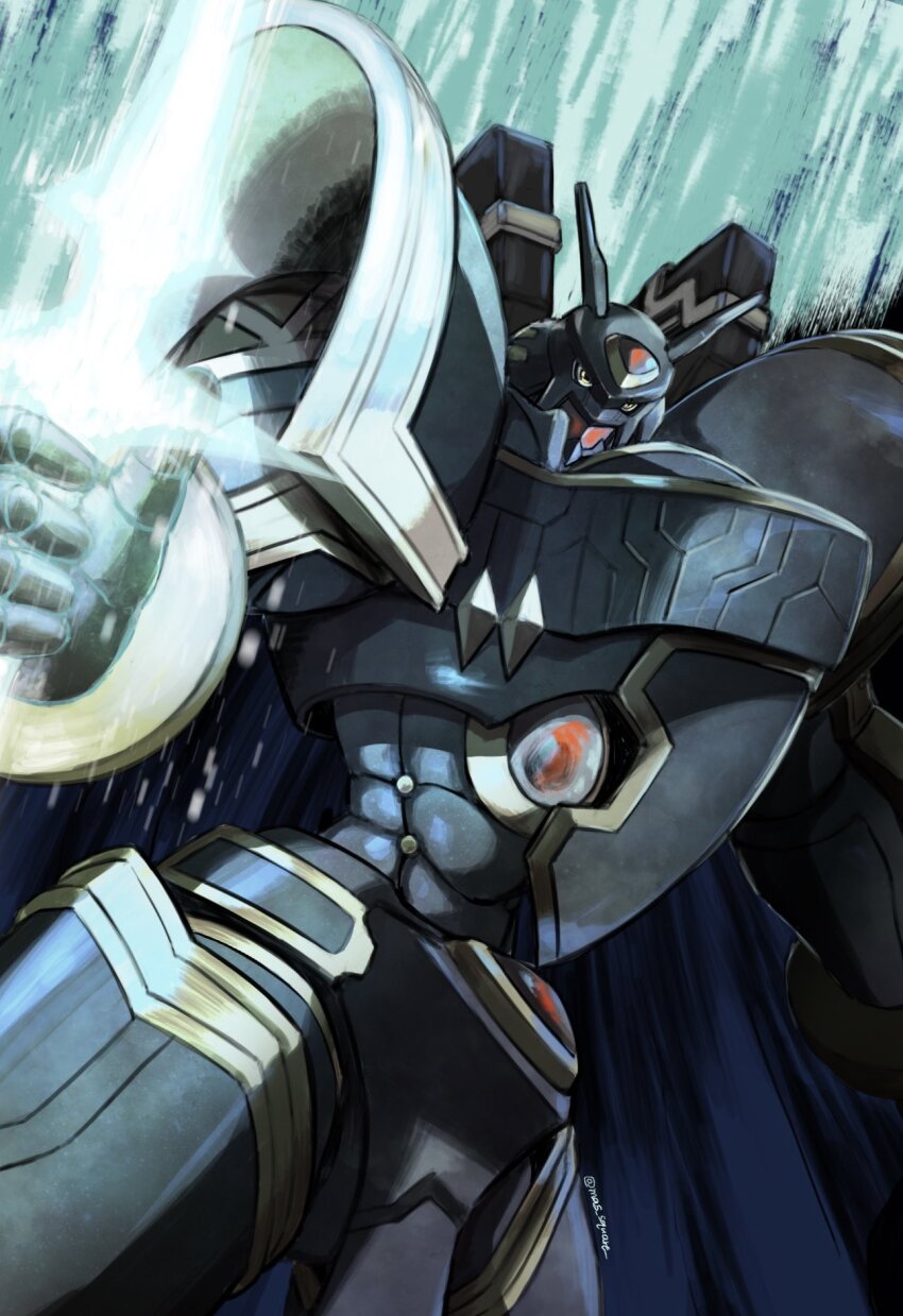alphamon armor black_armor black_cape black_helmet cape cowboy_shot digimon digimon_(creature) energy_sword helmet highres holding holding_sword holding_weapon knight mas_square solo sword weapon yellow_eyes