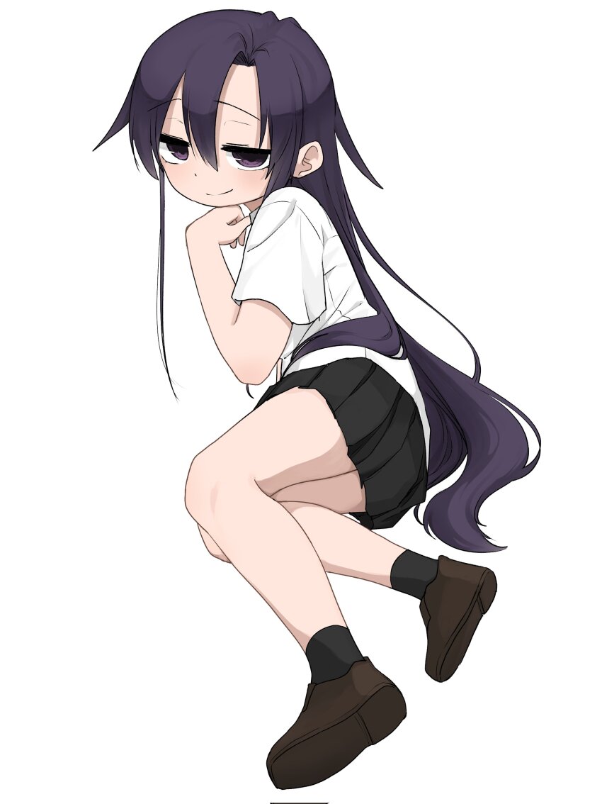 1girl absurdres blush fusuma_(suwaru_boom) goshiki_agiri hair_between_eyes highres kill_me_baby long_hair looking_at_viewer purple_eyes purple_hair school_uniform shirt simple_background skirt smile solo white_background