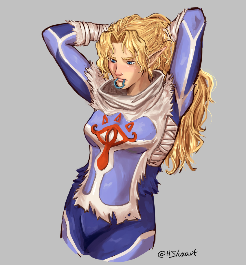 1girl absurdres adjusting_hair blonde_hair blue_eyes bodysuit chest_sarashi cowboy_shot cropped_legs grey_background hair_tie highres long_hair nintendo pointy_ears princess_zelda sarashi sheik solo the_legend_of_zelda the_legend_of_zelda:_ocarina_of_time