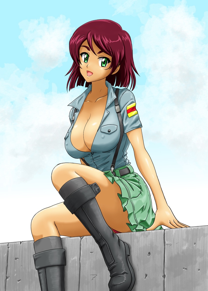 1girl aoshidan_school_uniform belt black_belt black_boots black_socks blue_sky bob_cut boots breasts brown_hair cleavage cloud cloudy_sky collared_shirt commentary dark-skinned_female dark_skin day gemini69 girls_und_panzer green_eyes green_skirt highres knee_boots knee_up large_breasts looking_at_viewer miniskirt open_mouth outdoors partially_unbuttoned pleated_skirt school_uniform shirt short_hair short_sleeves sitting skirt sky smile socks solo spanish_flag suspender_skirt suspenders swept_bangs tristana_(girls_und_panzer)