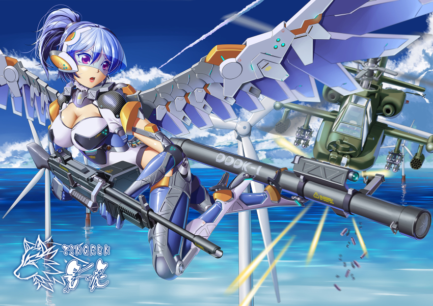 1girl agm-114_hellfire ah-64_apache air-to-surface_missile aircraft anti-tank_guided_missile anti-tank_missile assault_rifle attack_helicopter blue_hair breasts bzs_(kage_no_shinobu) cloud day firing gun gunship headgear helicopter helicopter_gunship highres large_breasts m1_bazooka m261 m299 mecha_musume mechanical_wings military_vehicle missile missile_launcher missile_pod missile_rack ocean original precision-guided_munition red_eyes rifle rocket_launcher rocket_pod shell_casing skin_tight surface-to-surface_missile visor weapon wind_turbine windmill wings
