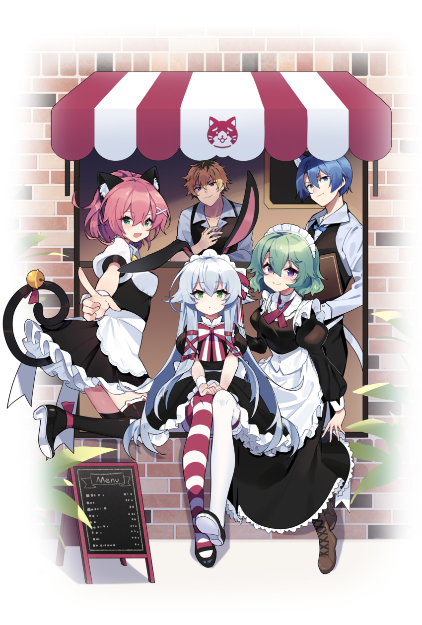 2boys 3girls ahoge alternate_costume altina_orion animal_ear_fluff animal_ears apron ash_carbide asymmetrical_legwear bell black_dress black_footwear black_legwear blue_eyes blue_hair boots bow bowtie breasts brick brown_footwear cafe cat_ears cat_tail chalkboard collared_shirt cross-laced_footwear dress eiyuu_densetsu enmaided expressionless falcom frilled_dress frills full_body green_eyes green_hair hair_between_eyes hair_bow hair_flaps hair_ornament hair_ribbon hairclip high_heels highres jumping juna_crawford kurt_vander long_hair long_sleeves looking_at_viewer maid maid_apron maid_headdress medium_breasts menu_board mishy multiple_boys multiple_girls musse_egret open_mouth orange_hair own_hands_together pink_hair ponytail puffy_long_sleeves puffy_short_sleeves puffy_sleeves purple_eyes rabbit_ears red_eyes ribbon sen_no_kiseki_(series) sen_no_kiseki_i sharlorc shirt shoes short_hair short_sleeves sidelocks silver_hair sitting smile spiked_hair straight_hair striped_bow striped_bowtie striped_clothes striped_legwear striped_neckwear striped_thighhighs tail tail_bell tail_ornament thighhighs uneven_legwear vest white_legwear wrist_cuffs
