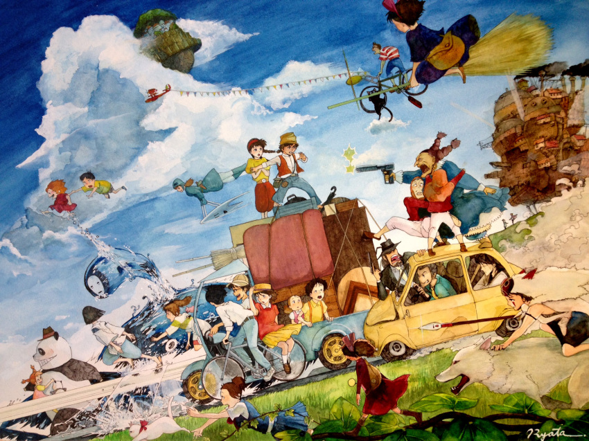00s 10s 1980s_(style) 1990s_(style) 6+boys 6+girls aircraft airplane amasawa_seiji arrietty arsene_lupin_iii bicycle broom broom_riding car castle cat cloud company_connection creator_connection crossover dola_(laputa) driving dutch_angle flying flying_boat gake_no_ue_no_ponyo green_jacket haku highres howl_pendragon howl_no_ugoku_shiro ishikawa_goemon_xiii jacket jigen_daisuke jiji_(majo_no_takkyuubin) jijii kaonashi karigurashi_no_arrietty kaze_no_tani_no_nausicaa kiki_(majo_no_takkyuubin) kurenai_no_buta kusakabe_mei kusakabe_satsuki kusakabe_tatsuo lupin_iii mimi_wo_sumaseba mini_person minigirl mononoke_hime motor_vehicle multiple_boys multiple_girls nausicaa nautilus_(sacory) necktie neko_no_ongaeshi ogino_chihiro oldschool on_car outdoors pazu pickup_truck ponyo retro_artstyle san_(mononoke_hime) savoia_s.21 seaplane sen_to_chihiro_no_kamikakushi sheeta sky sophie_hatter sosuke studio_ghibli tenkuu_no_shiro_laputa tombo_(majo_no_takkyuubin) tonari_no_totoro truck tsukishima_shizuku waves wolf yellow_necktie yoshioka_haru