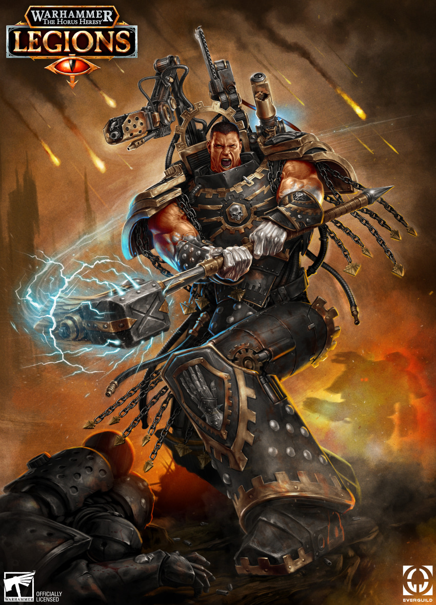 1other 2boys absurdres ambiguous_gender armor armored_boots boots breastplate commentary couter crotch_plate cuirass english_commentary ferrus_manus forgebreaker full_body gauntlets greaves grey_armor hammer highres holding holding_weapon iron_hands_(warhammer) israel_llona leg_armor male_focus mechanical_arms medusan_carapace metal_skin meteor multiple_boys official_art pauldrons poleyn power_armor primarch rerebrace shoulder_armor solo_focus studded_armor titan_(warhammer_40k) warhammer_40k weapon