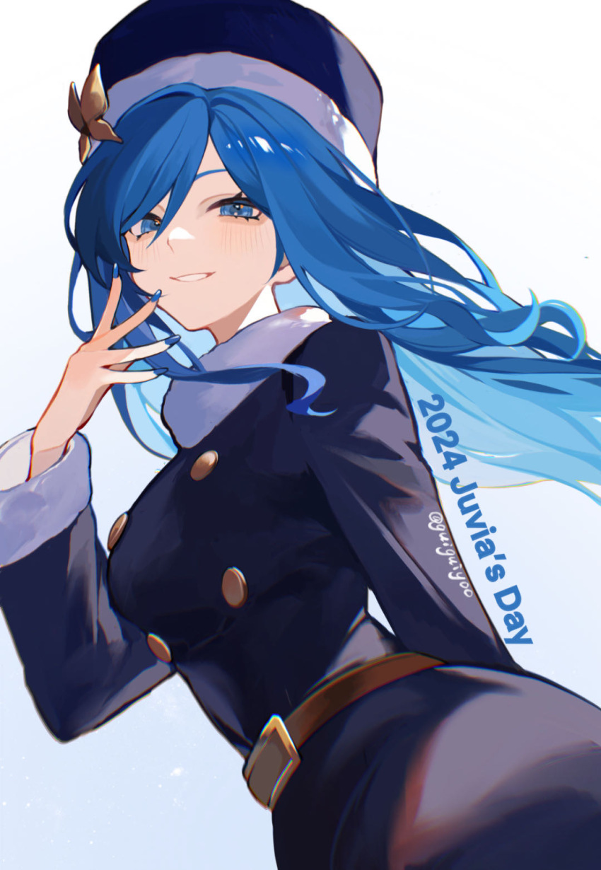 1girl belt blue_eyes blue_hair blue_nails breasts butterfly_hat_ornament commentary fairy_tail fur-trimmed_headwear fur-trimmed_sleeves fur_hat fur_trim hat hat_ornament highres juvia_lockser large_breasts letitia_(guiguiyoo) light_blush long_hair simple_background smile solo twitter_username