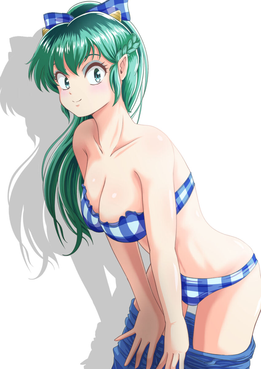 1girl absurdres bikini blue_bikini blue_bow blue_bowtie bow bowtie braid breasts cleavage collarbone commentary_request cone_horns gingham_bikini green_eyes green_hair hair_bow half_up_braid highres horns lum medium_breasts pointy_ears smile solo strapless strapless_bikini swimsuit takinomori_momiji undressing urusei_yatsura