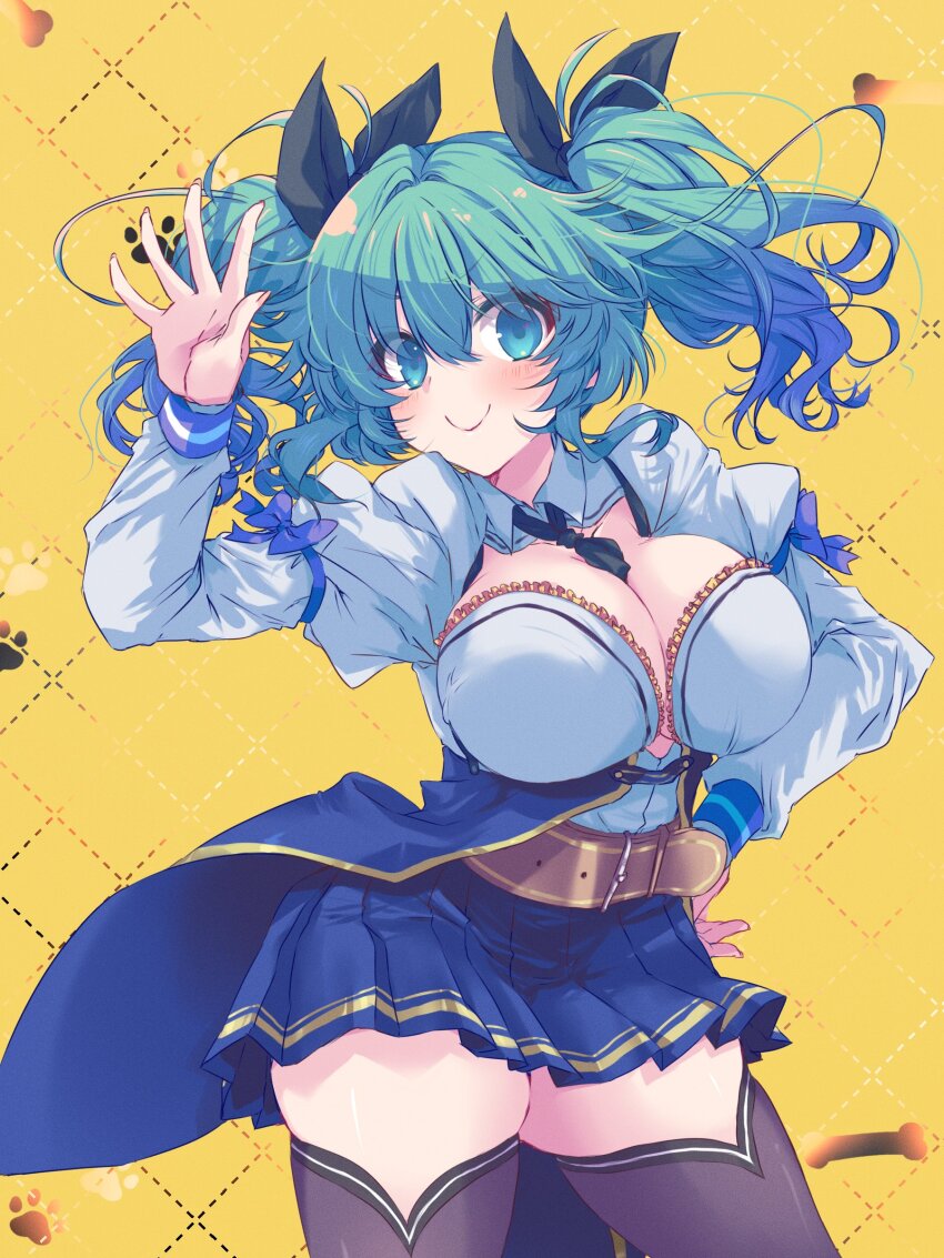 &gt;:) 1girl absurdres aqua_eyes aqua_hair arm_up assault_lily belt between_breasts black_necktie black_ribbon blue_skirt blush bow breasts brown_belt brown_thighhighs cartoon_bone cleavage closed_mouth collared_shirt commentary contrapposto cowboy_shot fingernails floating_hair frilled_shirt frills grid_background hair_between_eyes hair_ribbon hand_on_own_hip highres juliet_sleeves large_breasts long_sleeves looking_at_viewer medium_hair miniskirt naridon necktie necktie_between_breasts odaiba_girls_high_school_uniform open_hand paw_print paw_print_background pleated_skirt puffy_sleeves purple_bow ribbon school_uniform shirt skirt sleeve_bow smile solo standing suzuki_chinami thighhighs twintails v-shaped_eyebrows waist_cape wavy_hair white_shirt yellow_background zettai_ryouiki