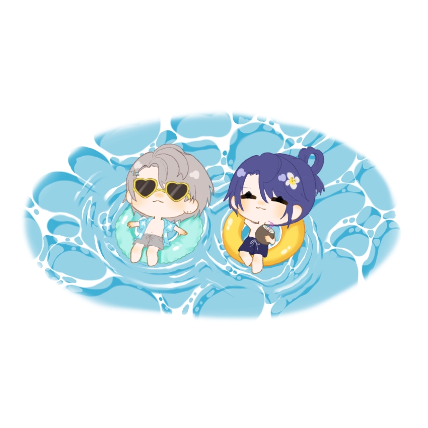 2boys ^_^ aqua_innertube arm_behind_head bare_legs barefoot blue_hair blue_jacket blue_male_swimwear chibi chinese_commentary closed_eyes closed_mouth coconut_cup commentary drink drinking_straw ear_piercing eyelashes floating floral_print flower fuzi_nishina glasses grey_hair grey_male_swimwear hair_between_eyes hair_flower hair_ornament hair_rings hairclip happy heart heart-shaped_eyewear highres holding holding_drink jacket kaida_haru light_blush lying male_focus male_swimwear multiple_boys nagao_kei nijisanji on_back on_liquid opaque_glasses open_clothes open_jacket parted_bangs piercing ripples short_hair short_sleeves single_hair_ring smile sunglasses swim_trunks topless_male virtual_youtuber water white_background white_flower yellow-framed_eyewear yellow_innertube