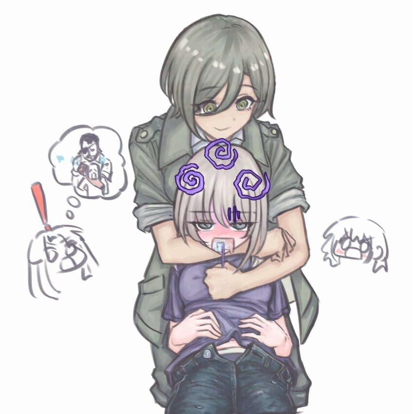 4girls awa_subaru blue_pants blue_shirt brushing_another&#039;s_teeth commentary_request ebizuka_tomo girls_band_cry grey_eyes grey_hair grey_jacket highres jacket kawaragi_momoka long_hair multicolored_hair multiple_girls navel open_mouth pants roots_(hair) rupa_(girls_band_cry) shirt short_hair short_sleeves tomare_(akashingou)